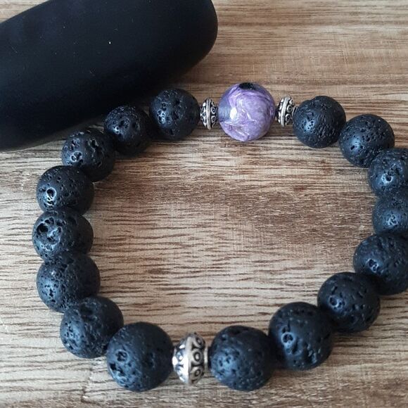 Charoite & Lava Rock Beaded Stretch Bracelet - Picture 5 of 5